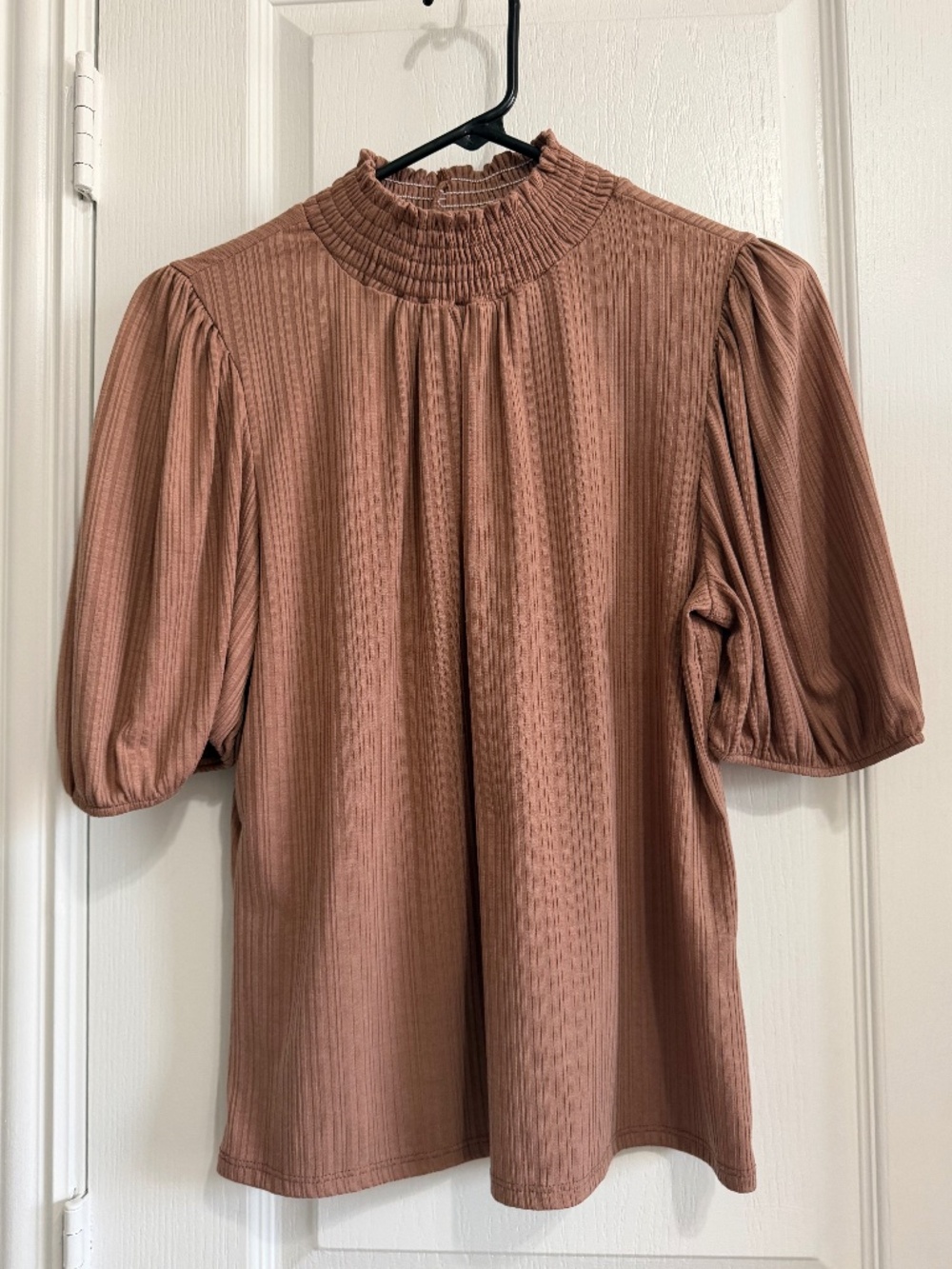 W BY Who Wear What When Where" Terracotta Ribbed Smocked Mock-Neck Blouse
